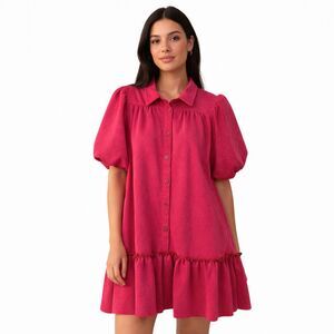 Fate Dress Womens Medium Pink Shirt Puff Sleeve Ruffle Hem Button Front